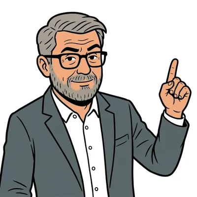 Compliance Klaus sitzt aufgerichtet am Schreibtisch und hebt den Zeigefinger; über ihm stehen grüne Haken statt Warnzeichen.